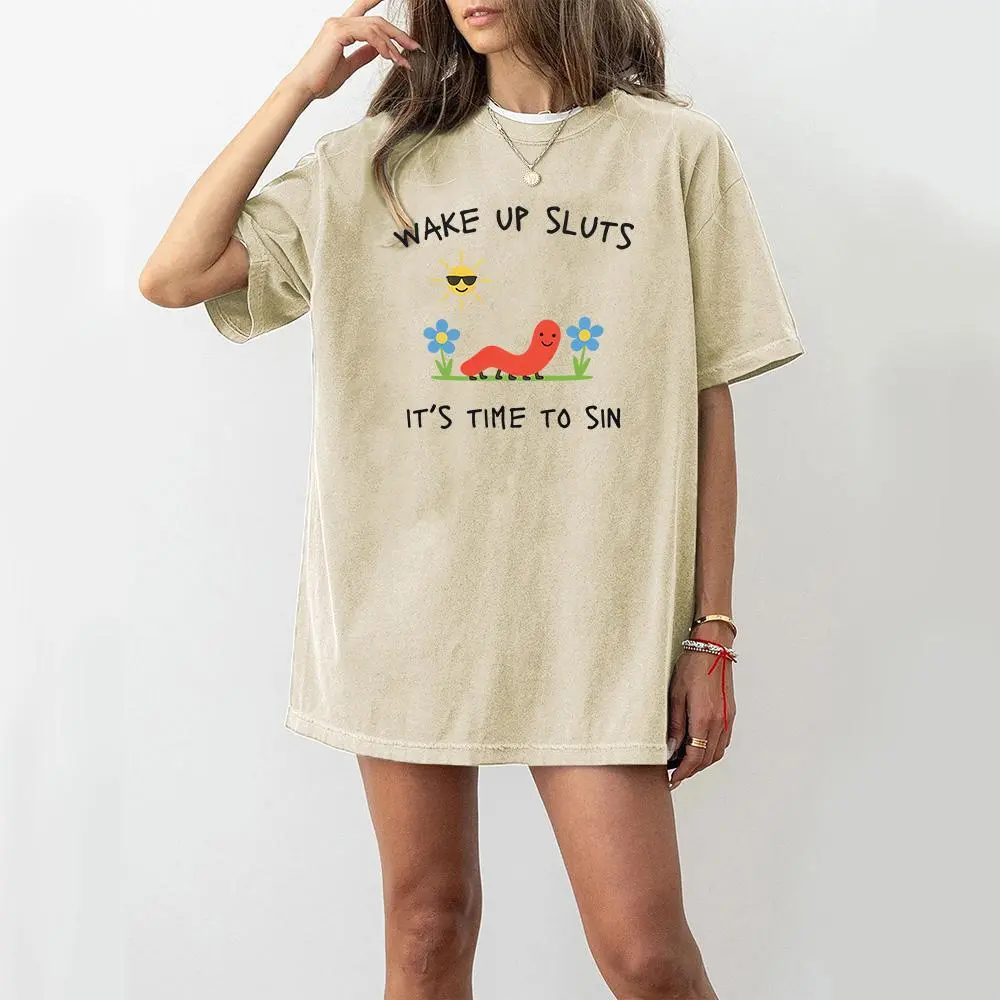 Wake Up Slts Washed short-sleeved shirt funny animal shirt meme graphic teesarcastic t-shirt cursed tshirt unhinged humor top viral t-shirt