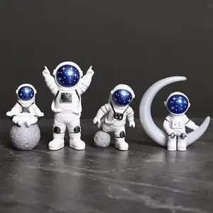 Set of 4 Blue White Astronaut Statues Spaceman Sculpture Figurines Outer Space Theme Decor for Nursery Room & Cake Topper