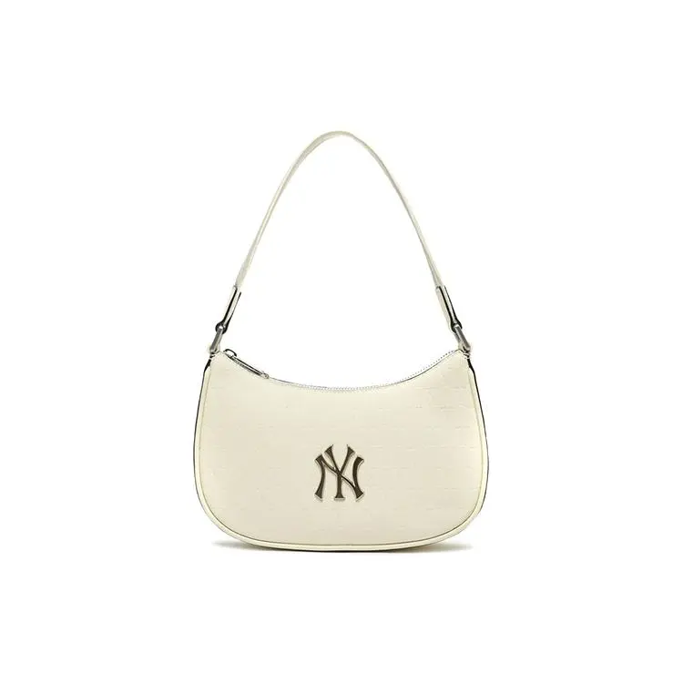 MLB Monogram Vintage NY Yankees Leather Handbag for Men and Women, Retro Floral Print with Metal Logo, Cream White