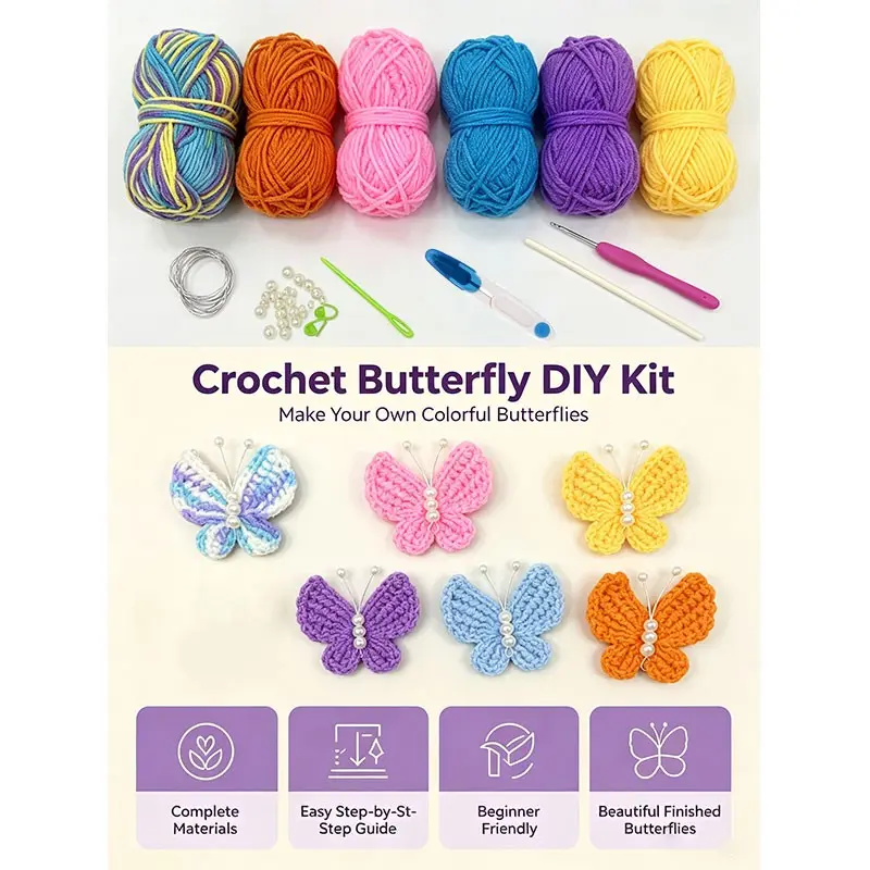 Crochet Kit for Beginners, 3D Butterfly Crochet Tutorial, 6 Colors Butterfly Knitting Set, Easy-To-Use Craft Supplies
