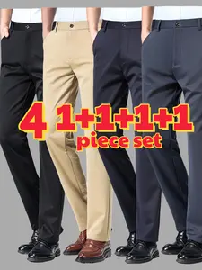 4 Pairs Men's Business Casual Pants, High Elastic Stretch Comfortable Fabric, Wrinkle-Resistant Easy Care, Straight Leg Slim Fit, All Seasons