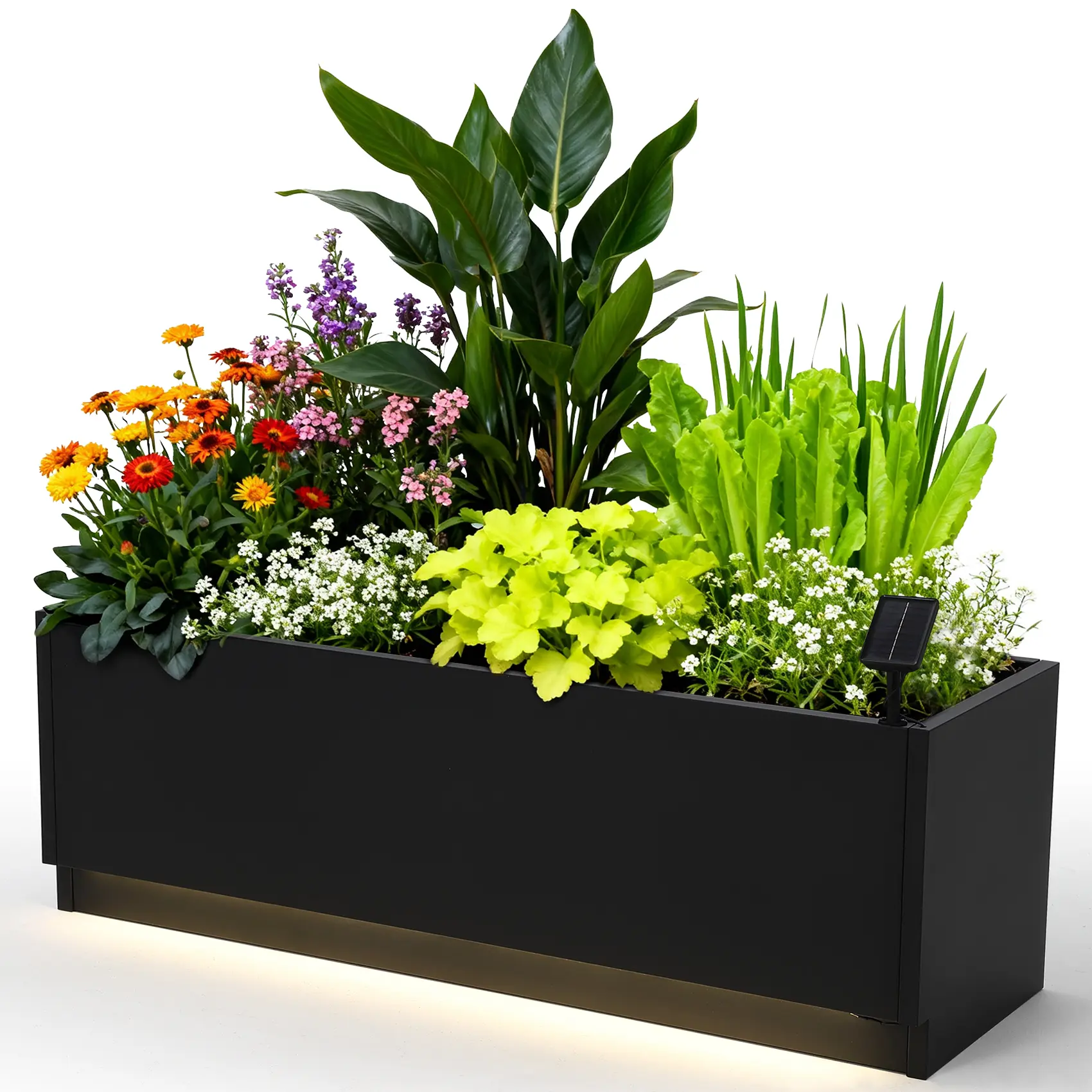 LED Metal Raised Garden Bed Planter Box - 47"x16" Modern Black Steel Planter, Built-in Waterproof Light Strips, Snap-On Assembly, Drainage Holes, Outdoor Container for Patio, Garden