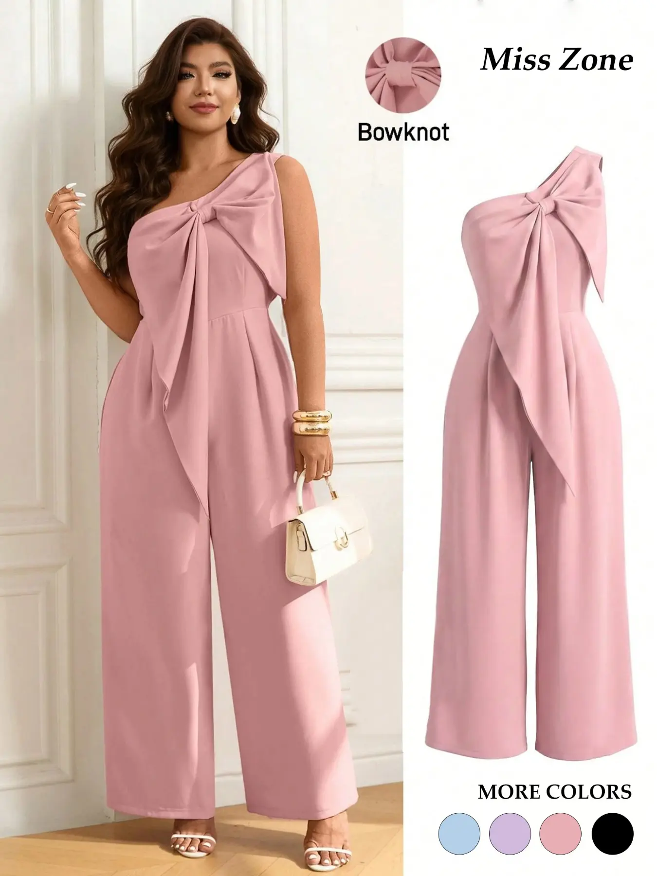 Women's Plus Size Fit Jumpsuit One Shoulder Statement Bowknot Wide Leg Pants Rompers Elegant Wedding Guest Evening Party Trendy Style