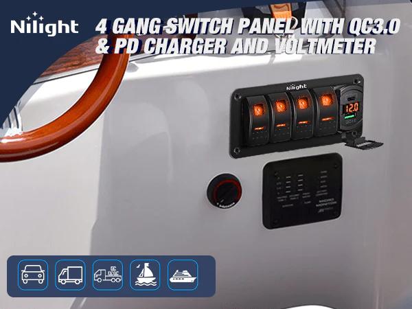 Nilight 4 Gang Switch Panel With QC3.0 & PD Charger And Voltmerter with Orange Backlit