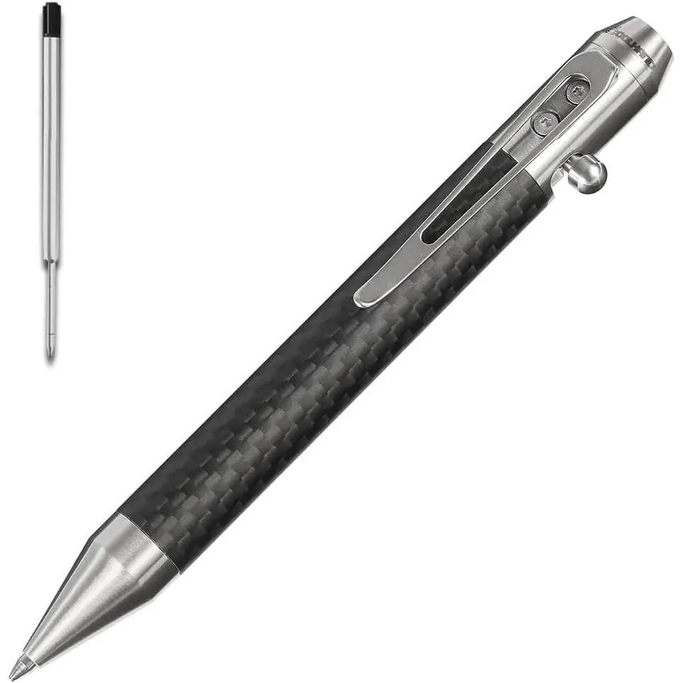 4.9" Length Carbon Fiber Bolt Action Pen with Retractable Stylus Tip for Screens, Ballpoint Ink Refills, Skeleton Design, Deep Pocket Clip, Compact Size, 1.4oz, Ideal for EDC Users, Touchscreen Devices