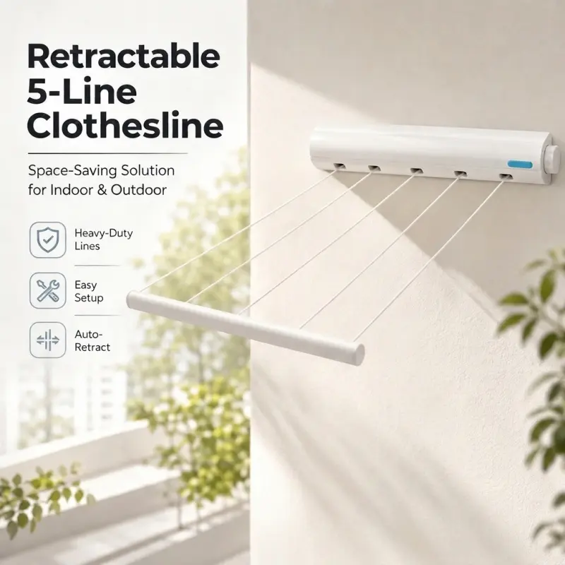 5-String Extendable Clothesline, Wall-Mounted Reinforced Design, Auto Rewind, Space-Saving, Indoor/outdoor Use, Durable & Practical, Wall Mounted Clotheslines