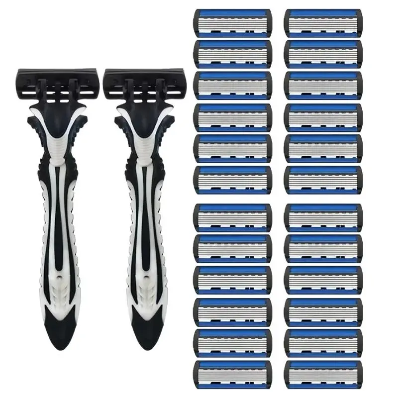 Bulk Men’s Manual Razor Kit, 2 Ergonomic Shaver Handles + 28 Six-Layer Replacement Blades, Durable Stainless Steel Blades, Comfort Anti-Slip Grip, Smooth Clean Shaving Tool for Family Daily Use & Gift