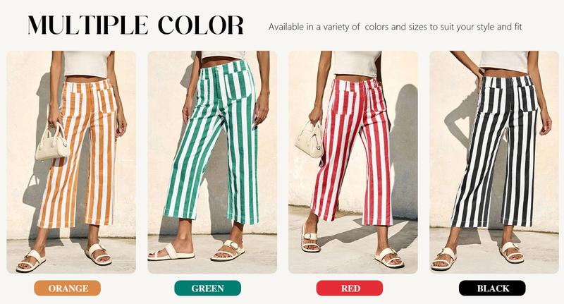 Danedvi Womens Cropped Striped Jeans Casual High Waisted Stretchy Straight Leg Denim Pants with Pockets