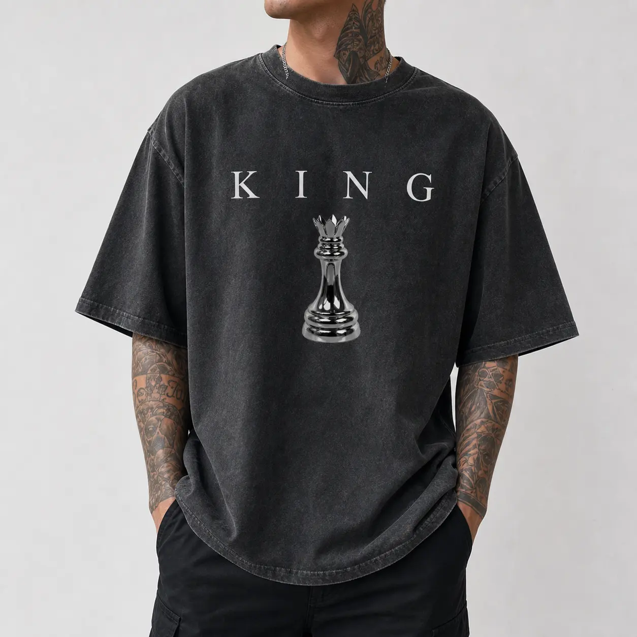 Mens KING Chess Graphic T-Shirt, Minimal Chrome King Piece Short Sleeve Tee