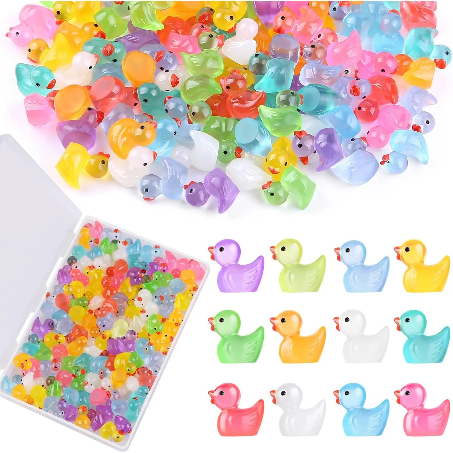 Luminous Mini  Ducks for Dollhouse & &Seek , 12 Color, 60 Pack |  Ducks with Plastic Container, Small Plastic  Miniature Figurines for Landscape Aquarium Garden Decor Party Favor
