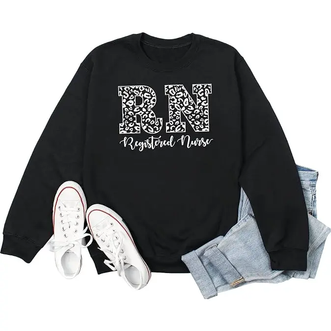 Registered Nurse Sweatshirt for Women Leopard Print Graphic Casual Fall Winter Long Sleeve Crewneck Pullover Tops