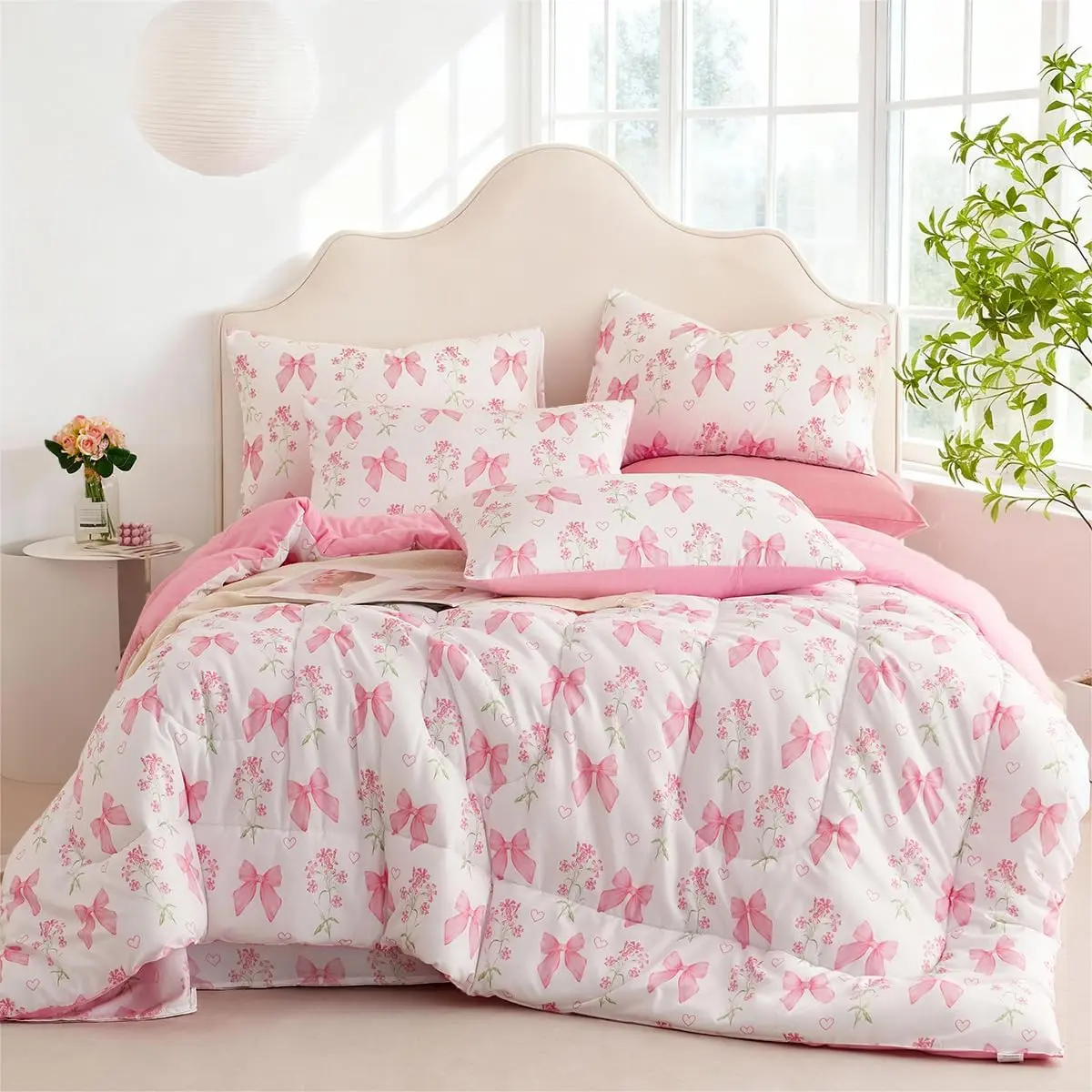 Bow Comforter Set  2 count  Floral Bedding Set for Girls  Romantic Princess Style Bowknot Bedding Ultra Soft Reversible Garden Flower Comforter Sets with 1 Pillowcase