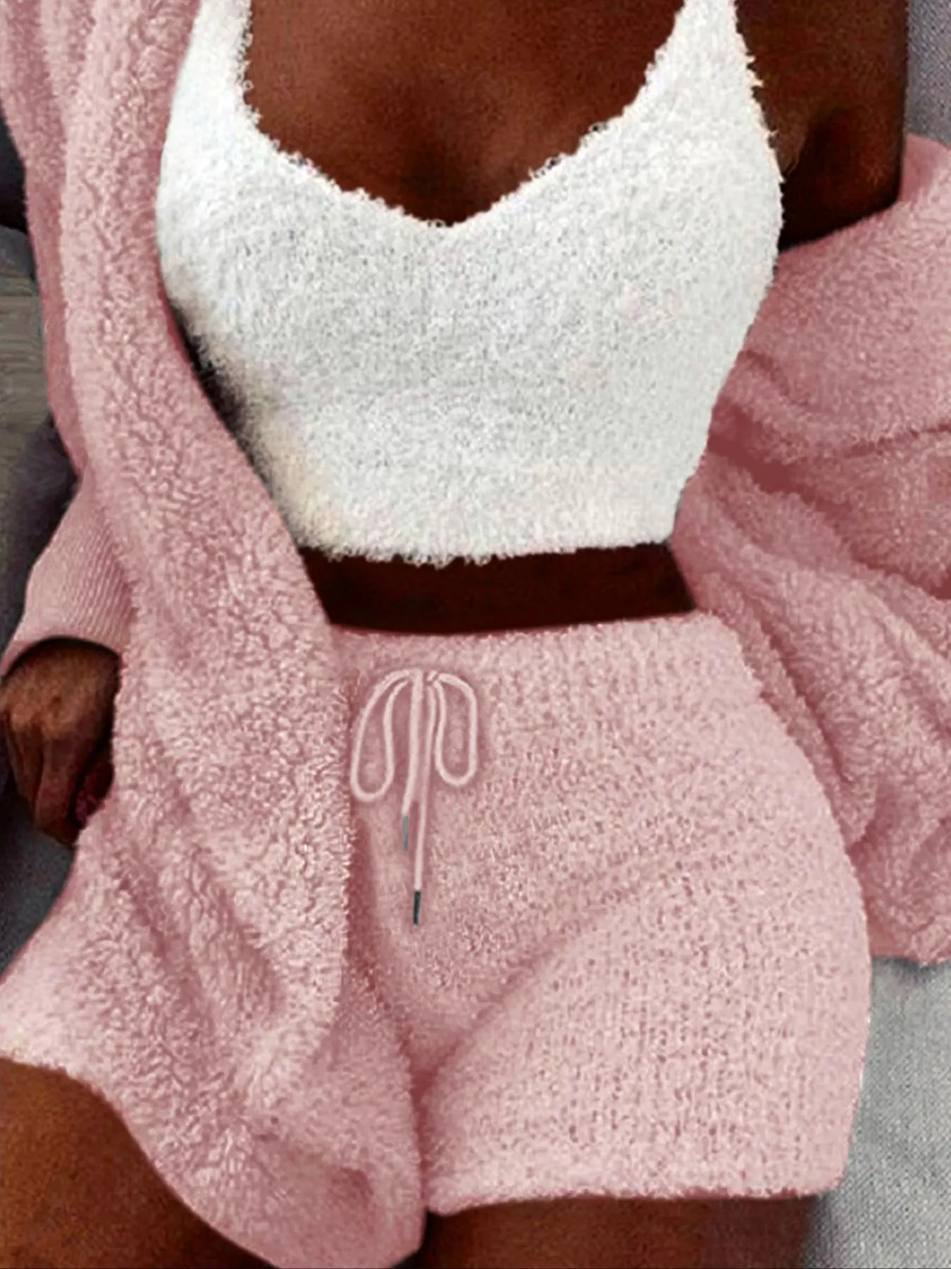 Women's Solid Color Plush Three-piece Pyjama Set, Fluffy Pajamas, Casual Comfy V Neck Crop Cami Top & Hooded Coat & Tie Front Shorts Loungewear Set, Women's Sleepwear for Winter, Fluffy Pajamas