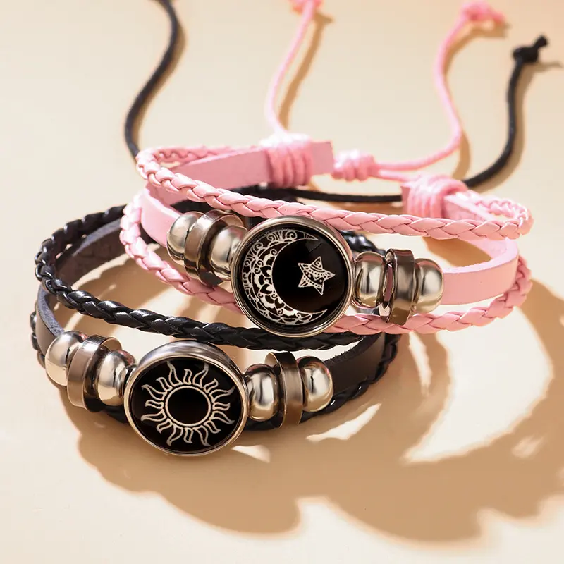 Cross-border bestseller: Sun and Moon Lover's Time Leather Bracelet, Vintage Punk Multi-layer Beaded Woven Bracelet, Couple's Gift