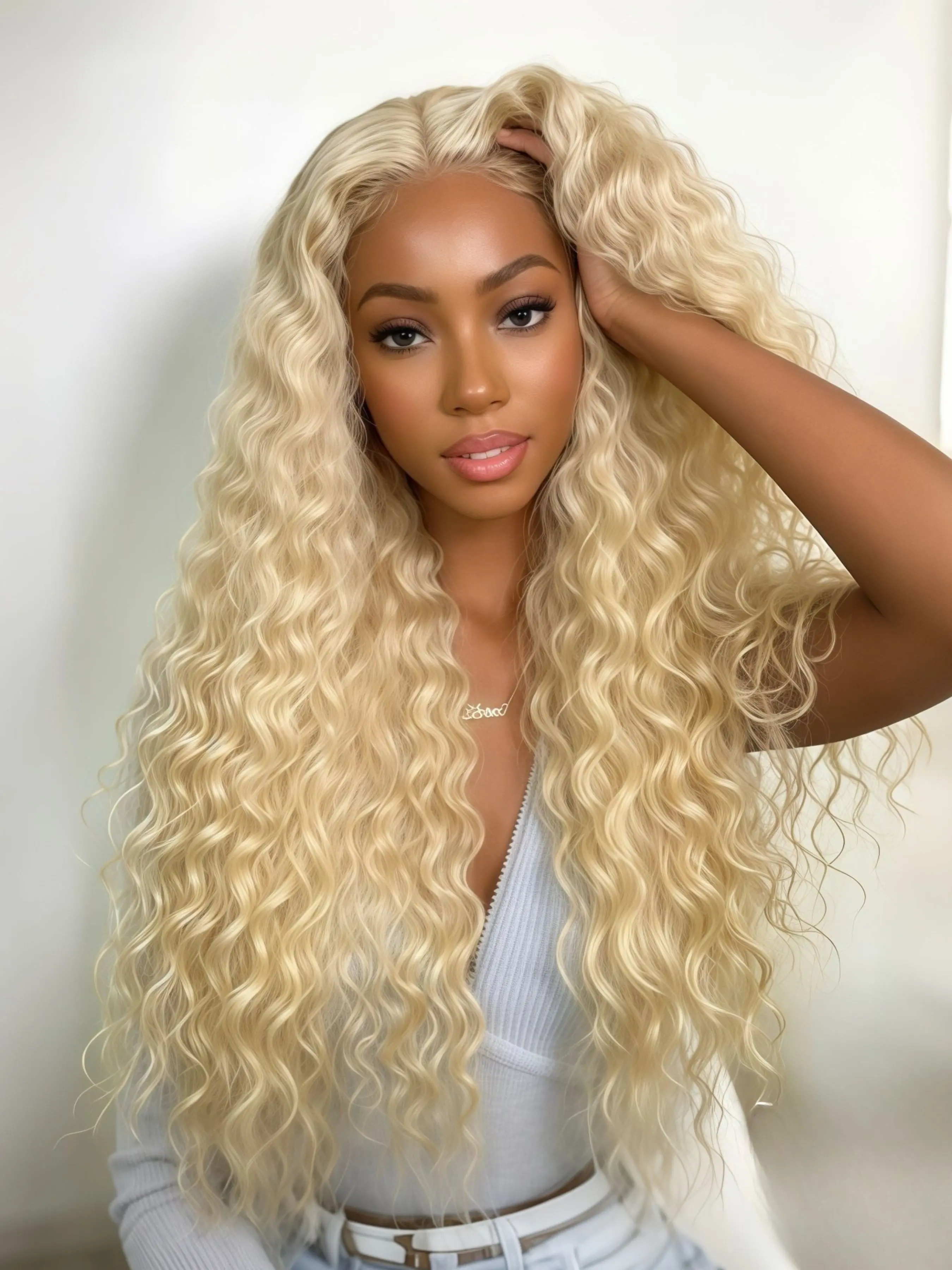 613 Blonde Deep Wave Wig 13x4 Lace Front Wig Pre-Plucked Hairline Synthetic Lace Frontal Wig HD Transparent Lace Wig for Concert, Music Festival, Date, Daily Wear 28 Inch