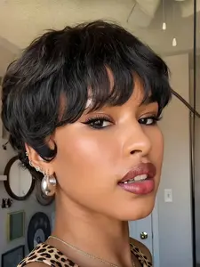 Full Machine Made Human Hair Short Curly Pixie Wig, Natural Textured Layered Short Bob Wig with Fringe, Stylish and Versatile