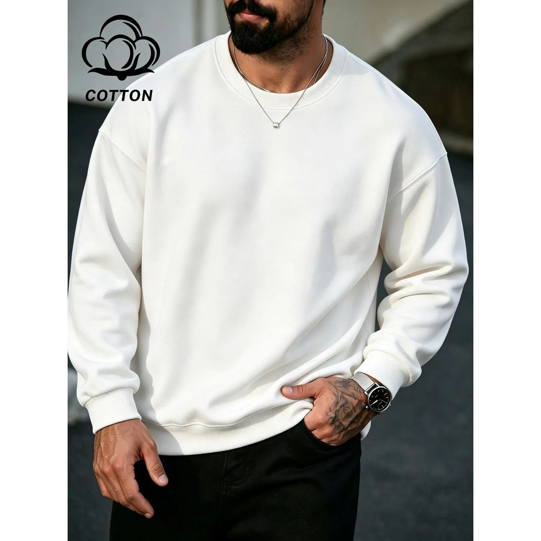 Soft pure cotton crew neck sweatshirt with stretch ribbed cuffs and hem lightweight breathable cotton fabric relaxed loose long sleeve silhouette plain basic layering top staple for minimalist casual modern mensfashion styling