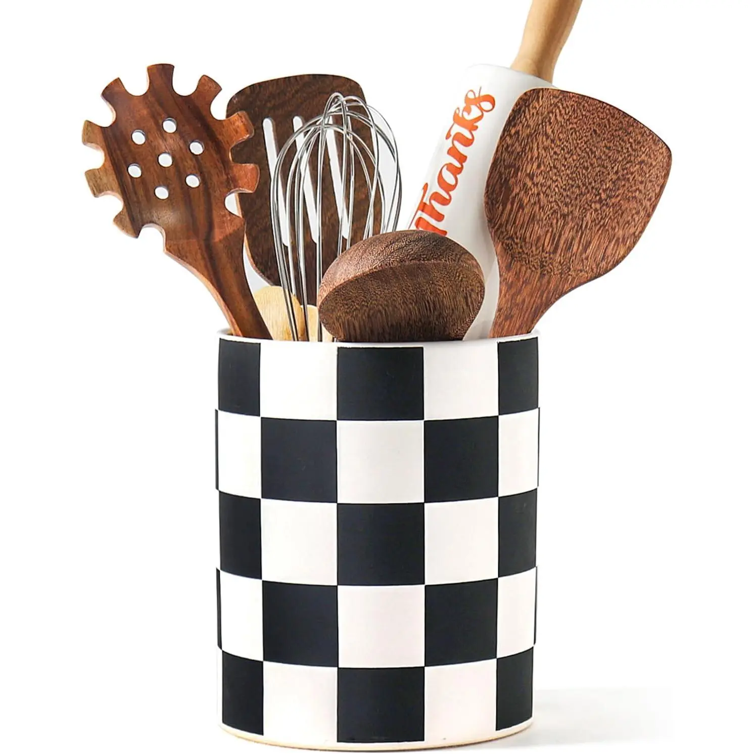 Black and White Checkered Ceramic Kitchen Utensil Holder - 7.2 in Storage Crock, Tabletop Tidy, Home Decor, Home Supplies Kitchen Accessories