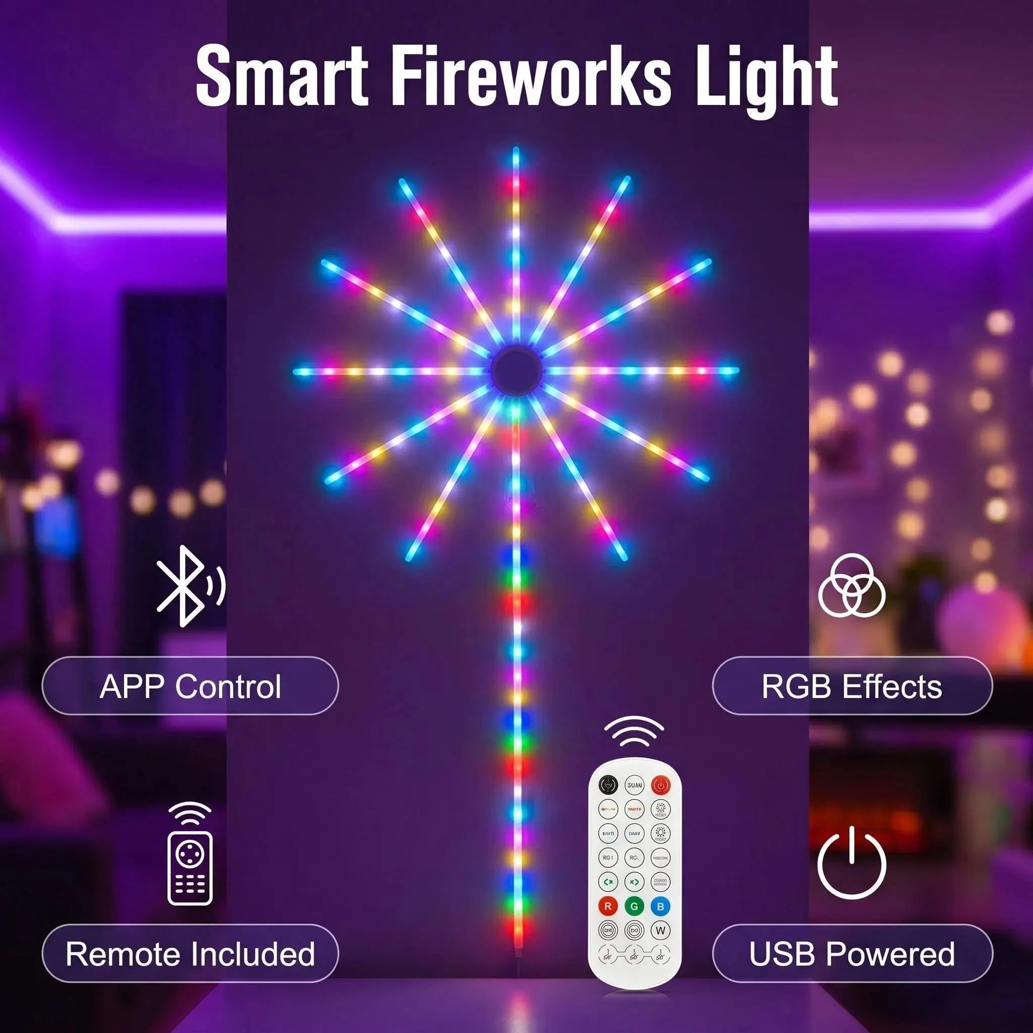RGBIC Smart Bluetooth Color-Changing Firework LED String Lights, Double Sided Emitting USB 5V Waterproof Chase Effect Wall Lamps, APP & Remote Control Decor Lights For Courtyard, Wedding, Camping, Christmas & All Holiday Decoration