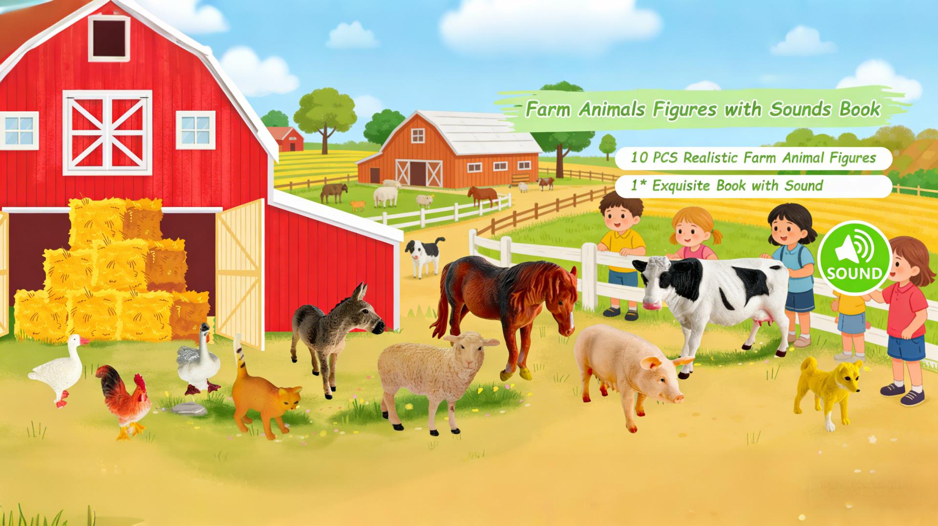 Plastic simulated animals,Farm Animals Figures Toys with Sound Books,10PCS Farm Animals for Toddlers & Animal Sound Books with 10 Buttons,  Farm Toys for Toddlers 2-6, Animal Lover Gifts for Kids