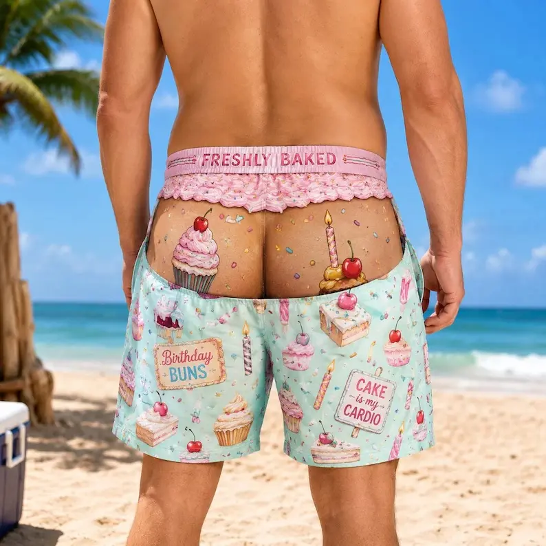 Custom Birthday Cake Beach Shorts, Funny Dessert Swim Trunks for Men, Baker Gift, Birthday Party, Beach Vacation Outfit Fun Summer for Baker,Camping Trip Birthday Wear # FunnySwimShorts # CampingBeachShorts # CampingGiftForMen