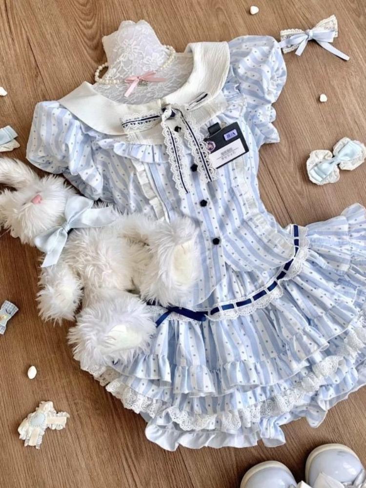 New Preppy Style Sweet Kawaii Blue Lovable Short Skirt Suit Fashion Pretty Slim Long Sleeve Doll Collar Striped Bow 2-piece Set