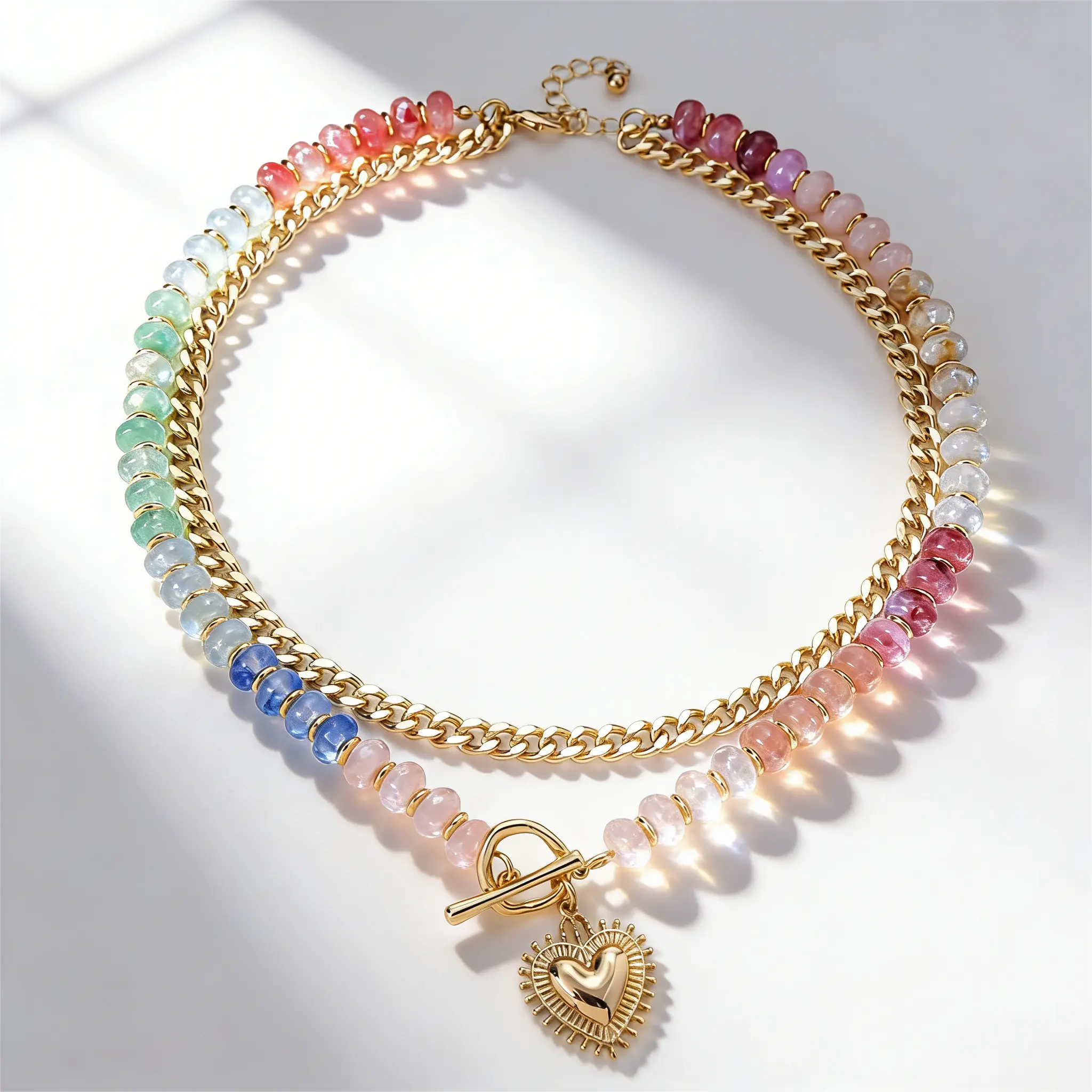Women's 2-in-1 Pre-Layered Boho Necklace, Colorful Beaded Chain Statement Jewelry with Front Toggle Clasp & Dainty Heart Charm, Trendy Dopamine Stackable Y2K Aesthetic Choker for Everyday Wear, Romantic Gift