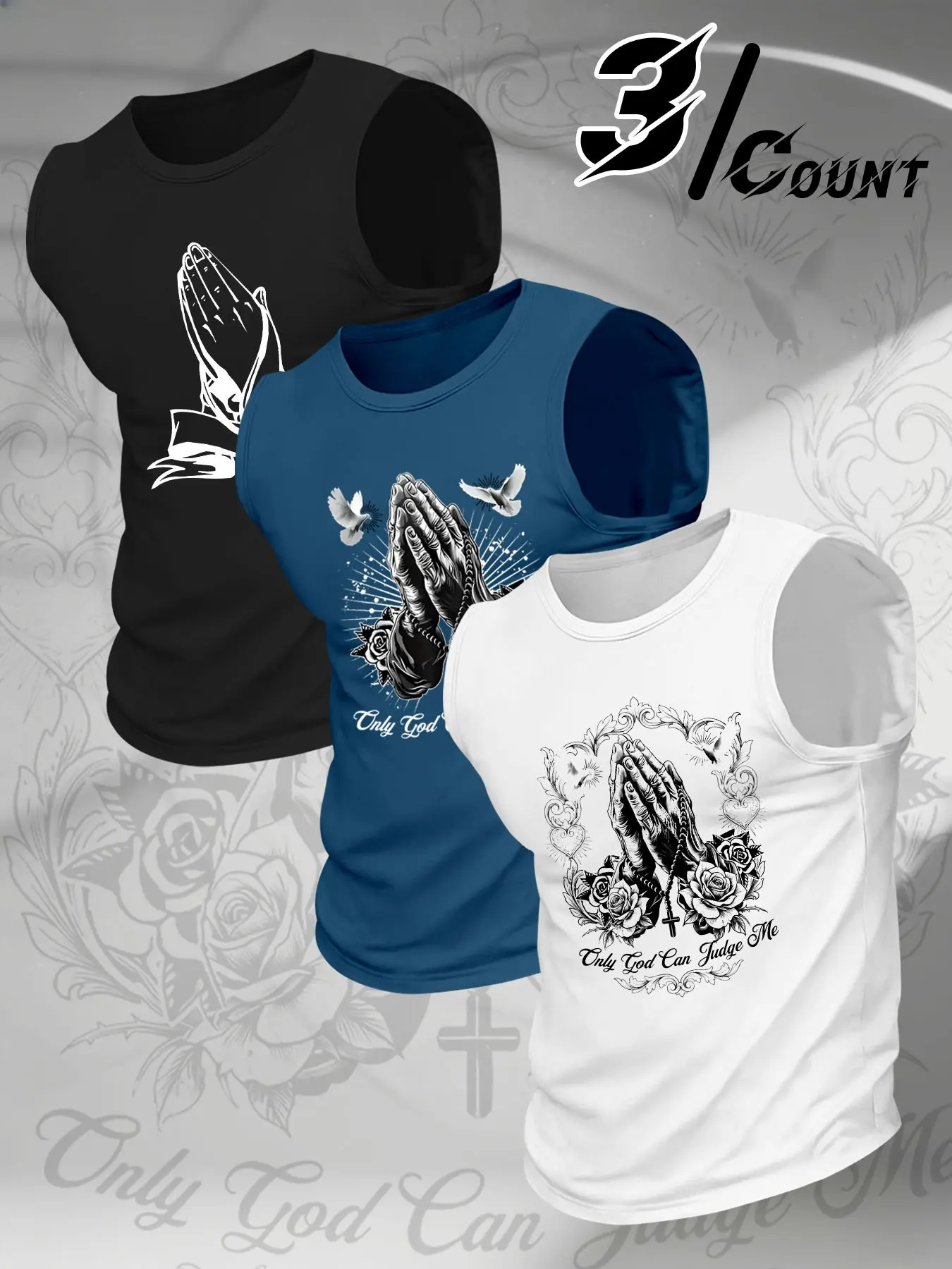 Men's 3 Pack Sleeveless Tank Tops, Praying Hands Only God Can Judge Me Cross Dove Rose Print, Christian Faith Streetwear Casual Workout Vests for Men