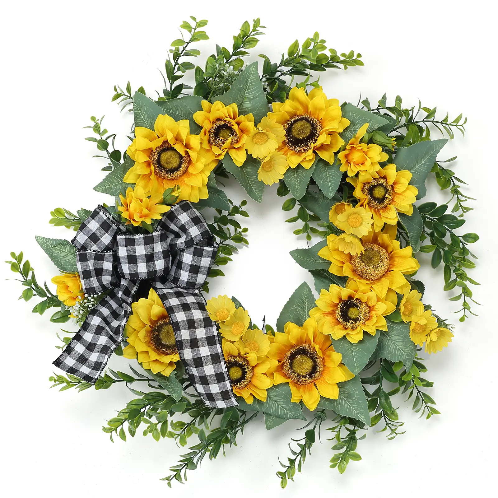 Farmhouse Golden Flower & Daisy Grapevine Wreath for Front Door, 18 Inch Artificial Floral Door Wreath - Greenery Foliage - Indoor/Outdoor Wall Hanging