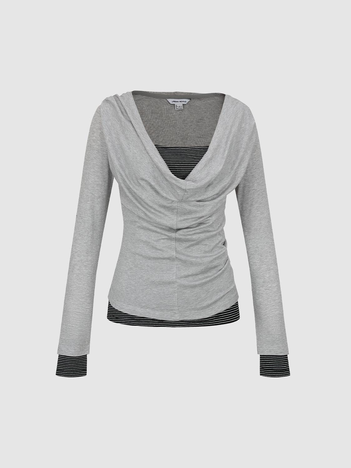 URBAN REVIVO 2026 Spring Women's Trendy Draped Neck Ruched Fake Two-Piece Panel Striped Lyocell T-Shirt