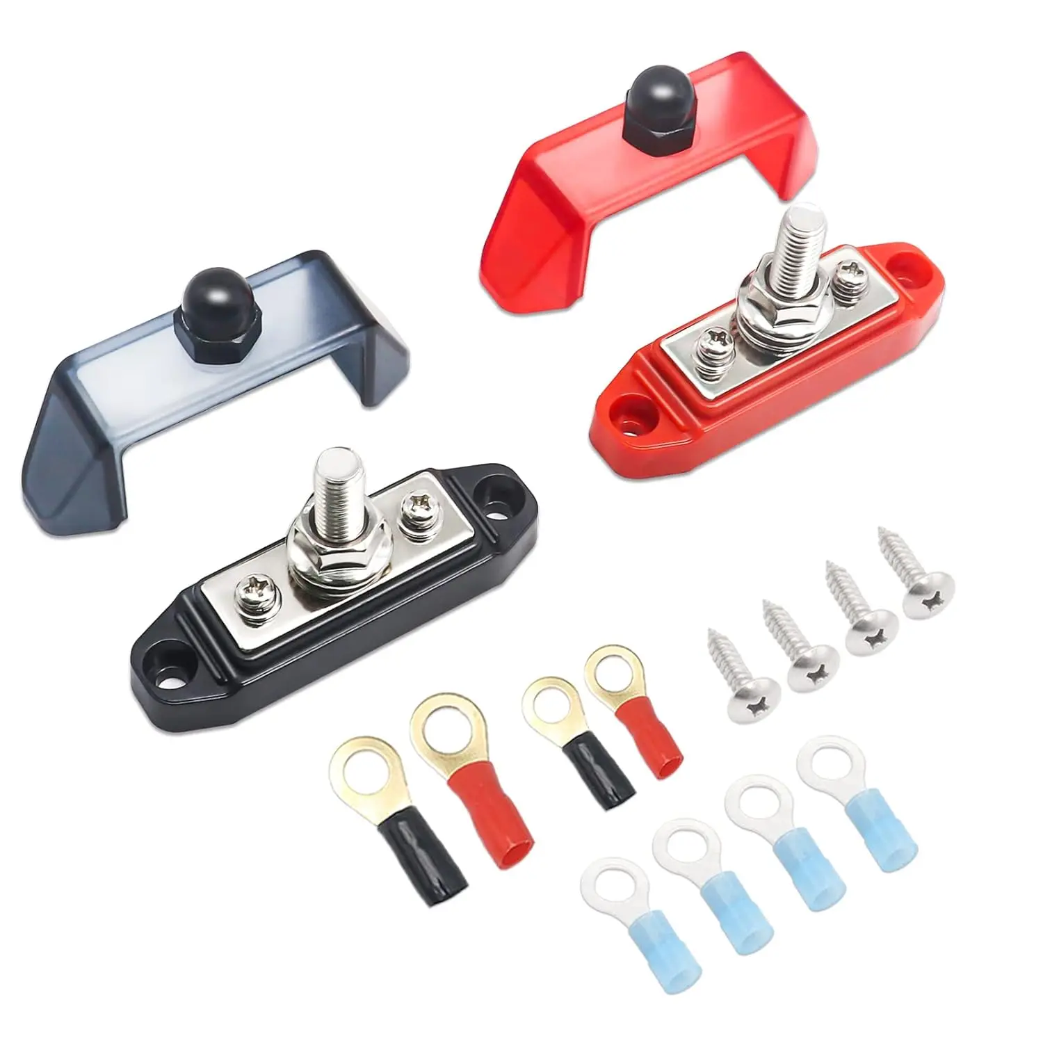 S12P-516 3 Connection Bus Bar Terminal Power Distribution Block| 1 x 5/16" Stud 2 x#8 Screw Terminals with Ring Terminals