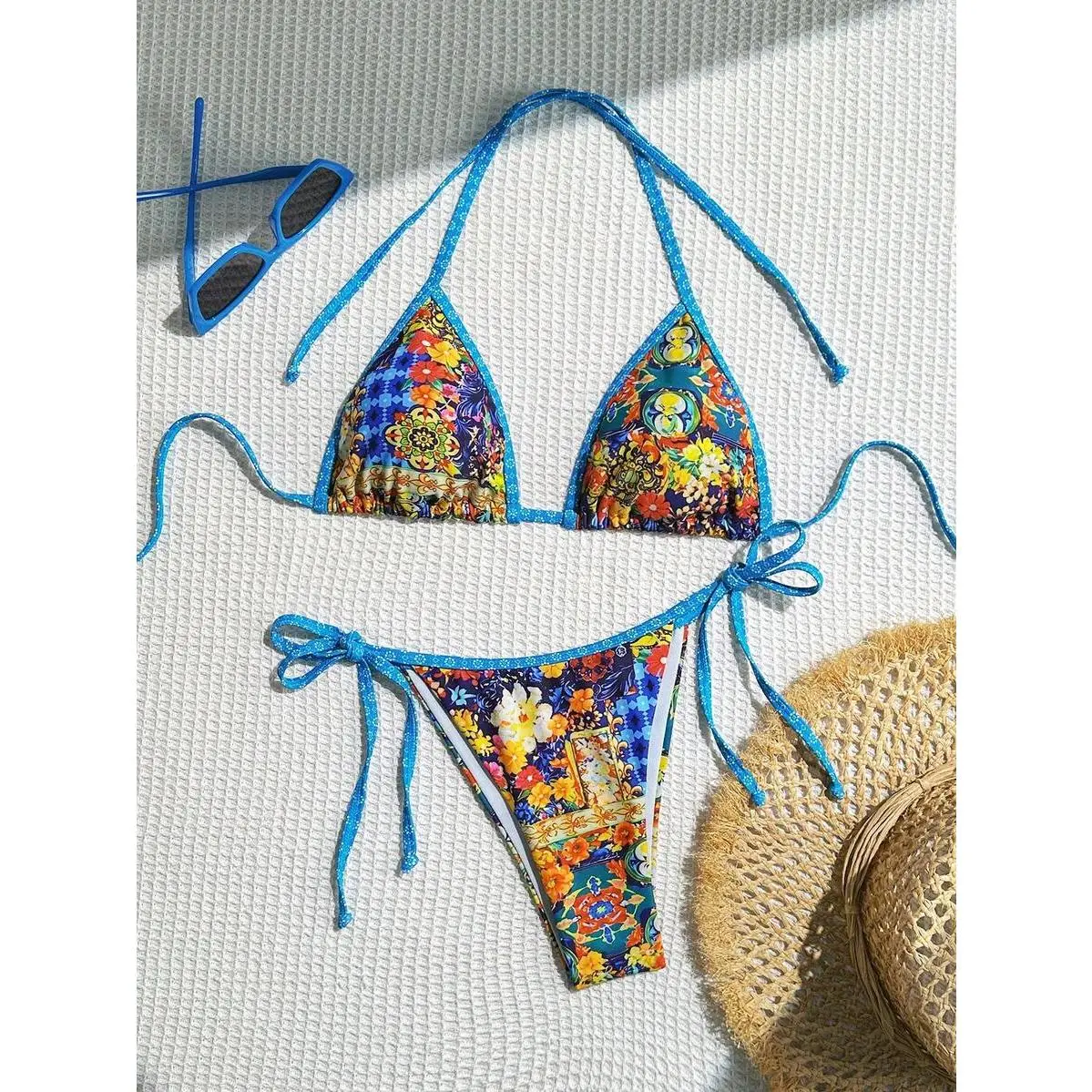 Women Rich Color Boho Vintage Mediterranean Sicilian Majolica Floral Tile Printed Shiny Glitter Blue Trim Halter Triangle Soft Padded Push Up Bikini Top Side Adjustable Tie High Cut Slim Fit Cheeky Bikini Bottom Two Piece Summer Beach Vacation Swimwear Bi