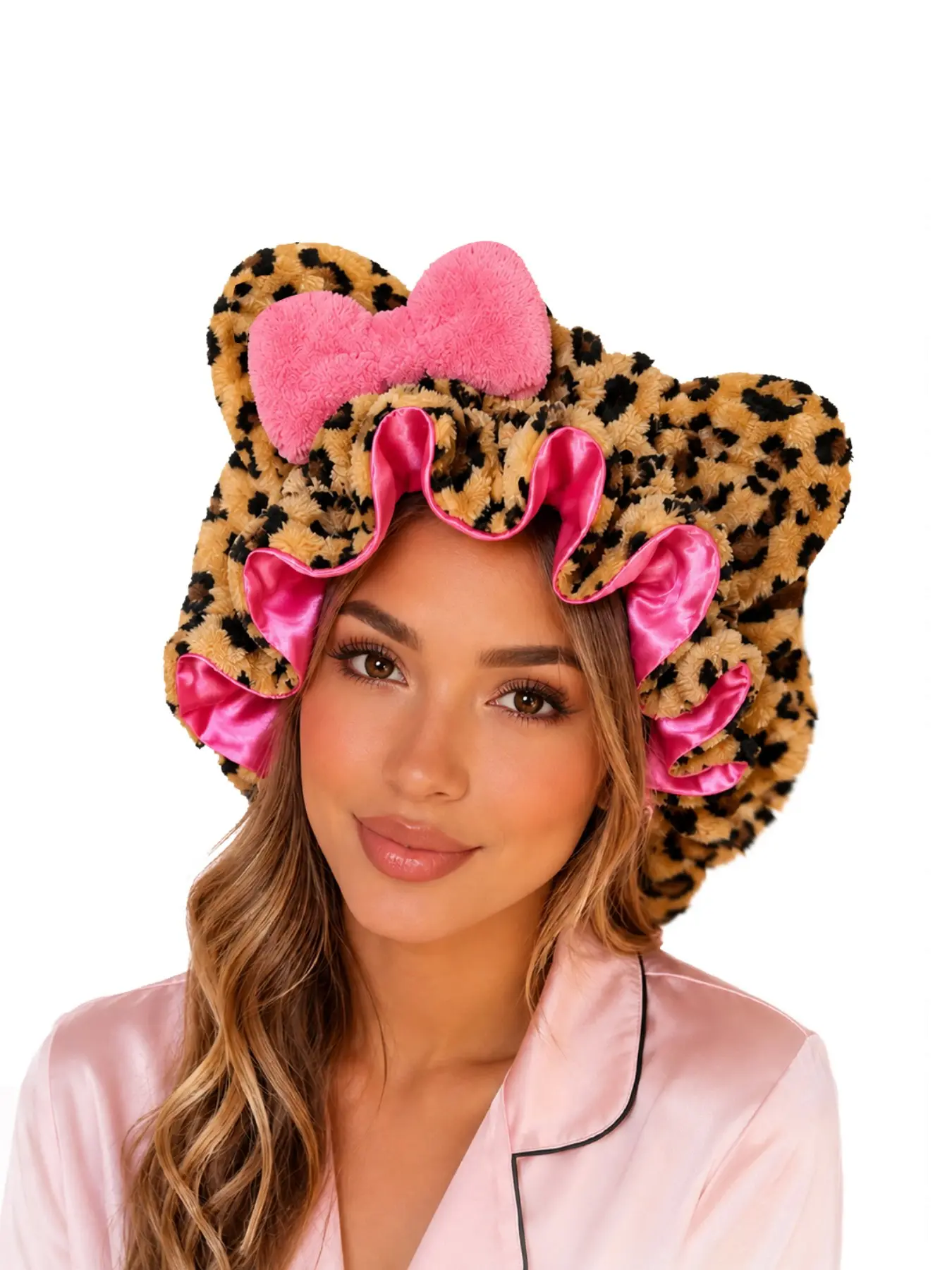 Women’s Hair Bonnet Hood, Leopard Print Pink Satin Lined Hair Wrap Cap, Soft Sleep Bonnet For Curly Hair, Braids, Natural Hair And Night Hair Care
