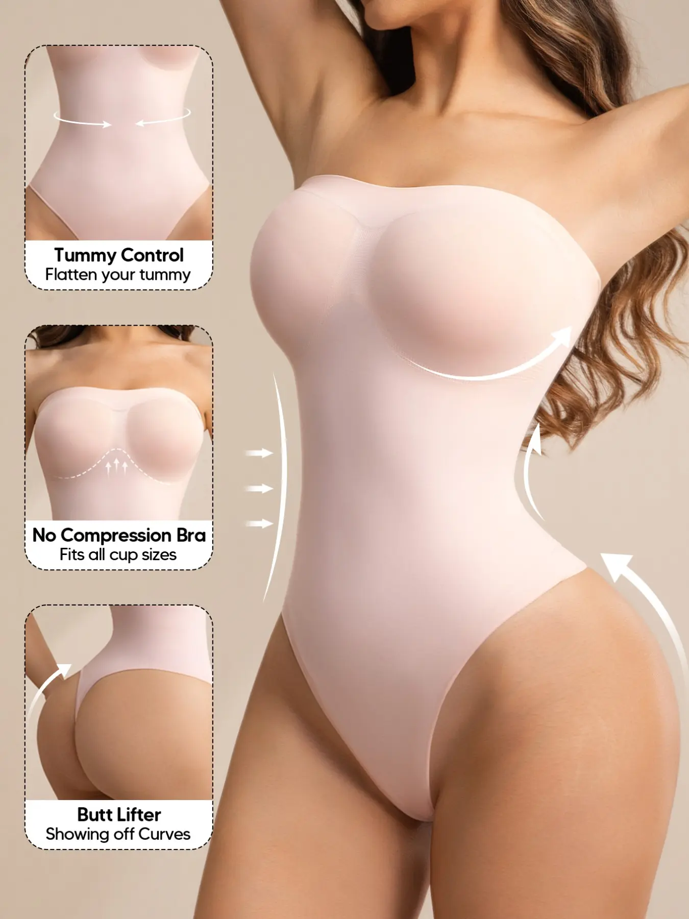 Wireless Non-Slip Push-Up Basic Body Sculpt Shapewear, One-Piece Bra Support Slimming Waist Bodycon Lingerie, Seamless Underwear for Wedding Party, Body Shapers