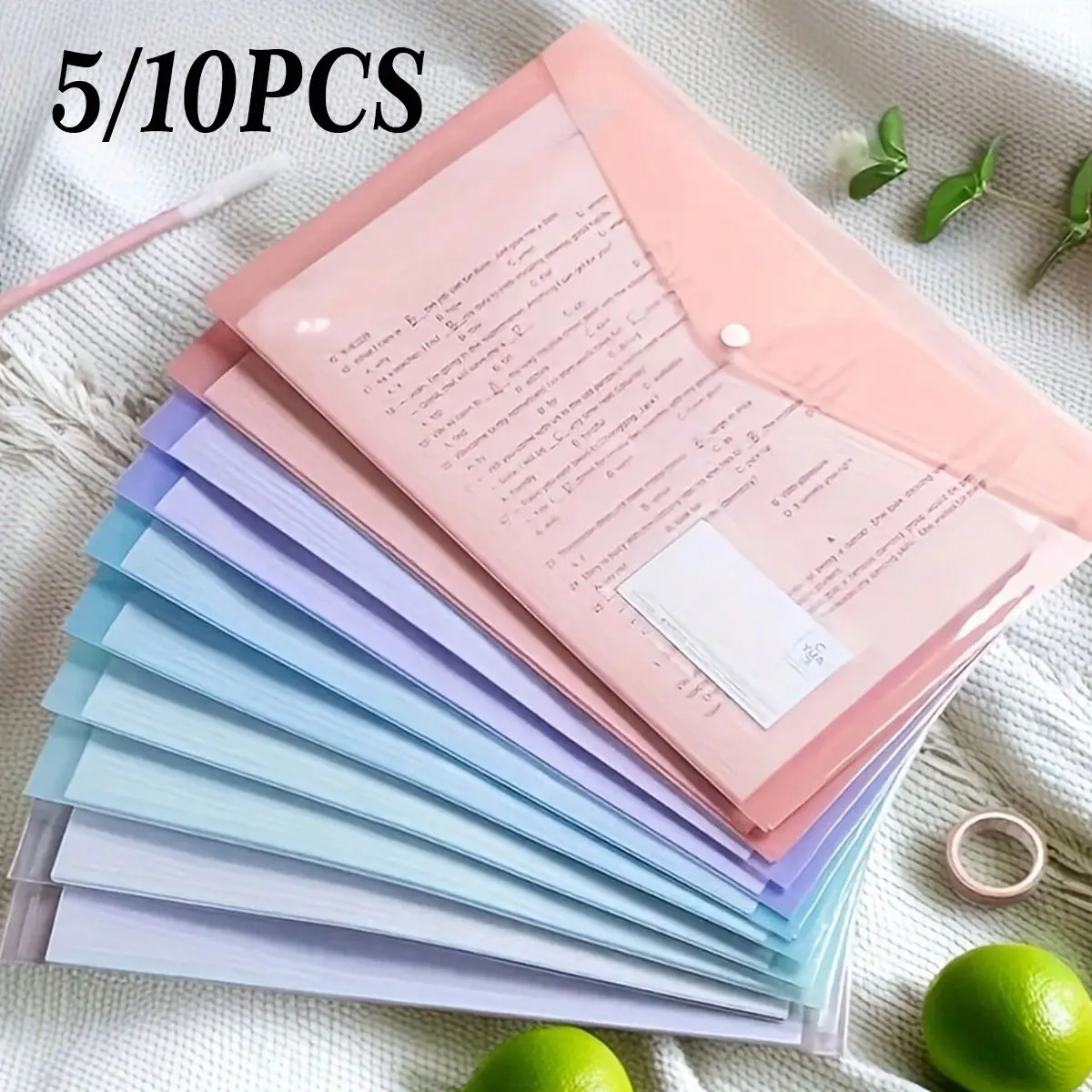 5/10 A4 Thick Transparent Plastic File Folders with Snap Closure, Student Document Storage Bags, Waterproof PP Material, Macaron Color
