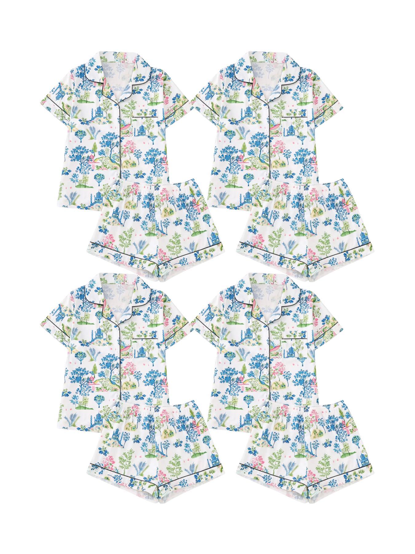 Two-Piece Set Women's All Over Floral Print Lapel Neck Pajama, Casual Comfy Short Sleeve Shirt & Elastic Waist Shorts PJ Set, Ladies Sleepwear for All Seasons