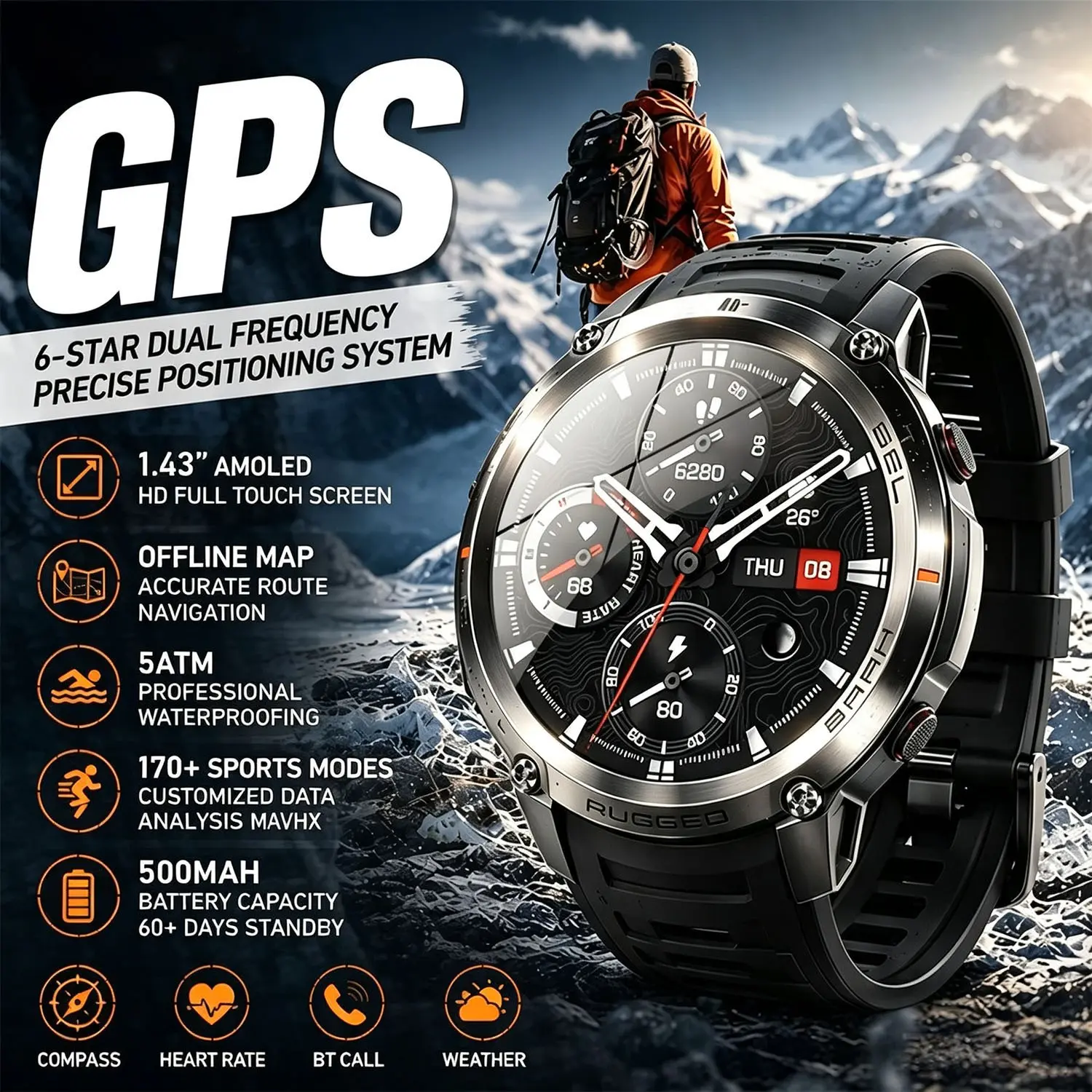 New Outdoor Pioneer Sports Smart Watch GPS Offline Map Compass AMOLED HD Screen BT Call 5ATM Waterproof Men 500mAh Battery Smartwatches
