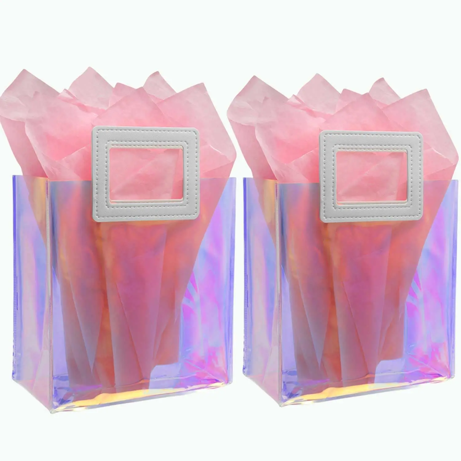 2 count Holographic Clear  Bags with Tissue Paper, 7.9 * 7.1 * 3.9 inch with Handles, Bags  Bags,for Christmas, Birthday Party, Weeding  Bags Party Supplies