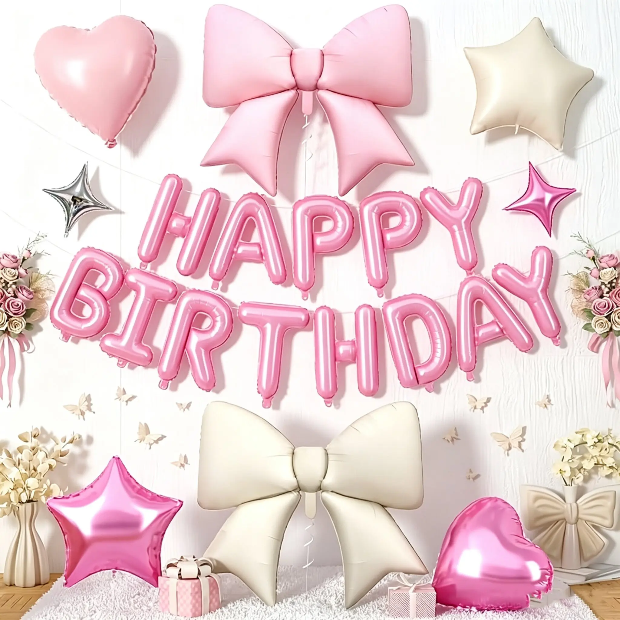 25Pcs Cream & Pink Bow Birthday Decor Balloon Set, 3D Mylar Letter Banner Balloons with 13 Letter Balloons, 2 Large Bow Balloons, 2 Star, 2 Heart, 2 Four-Pointed Star Balloons, 2 Ribbons & 2 Glue Dots, Cute Star & Heart Foil Party Decorations