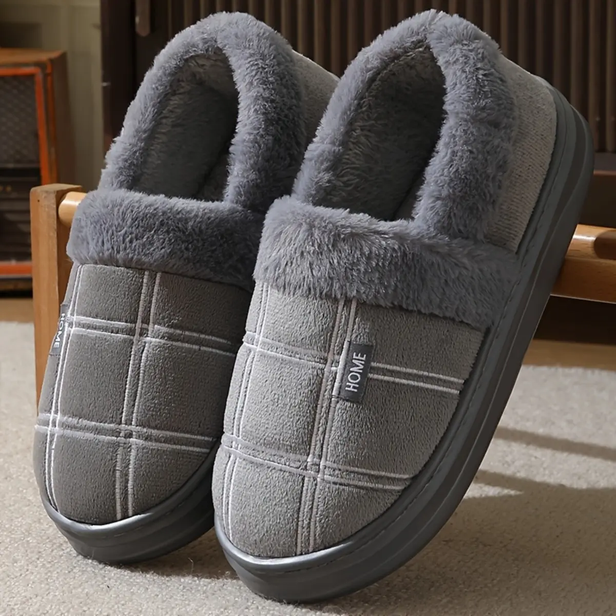 Men's Slip-On Indoor Slippers - 1 Pair, Round Toe, Cushioned Sole, Warm Fabric, Solid Color & Plaid Pattern for Winter Home Use