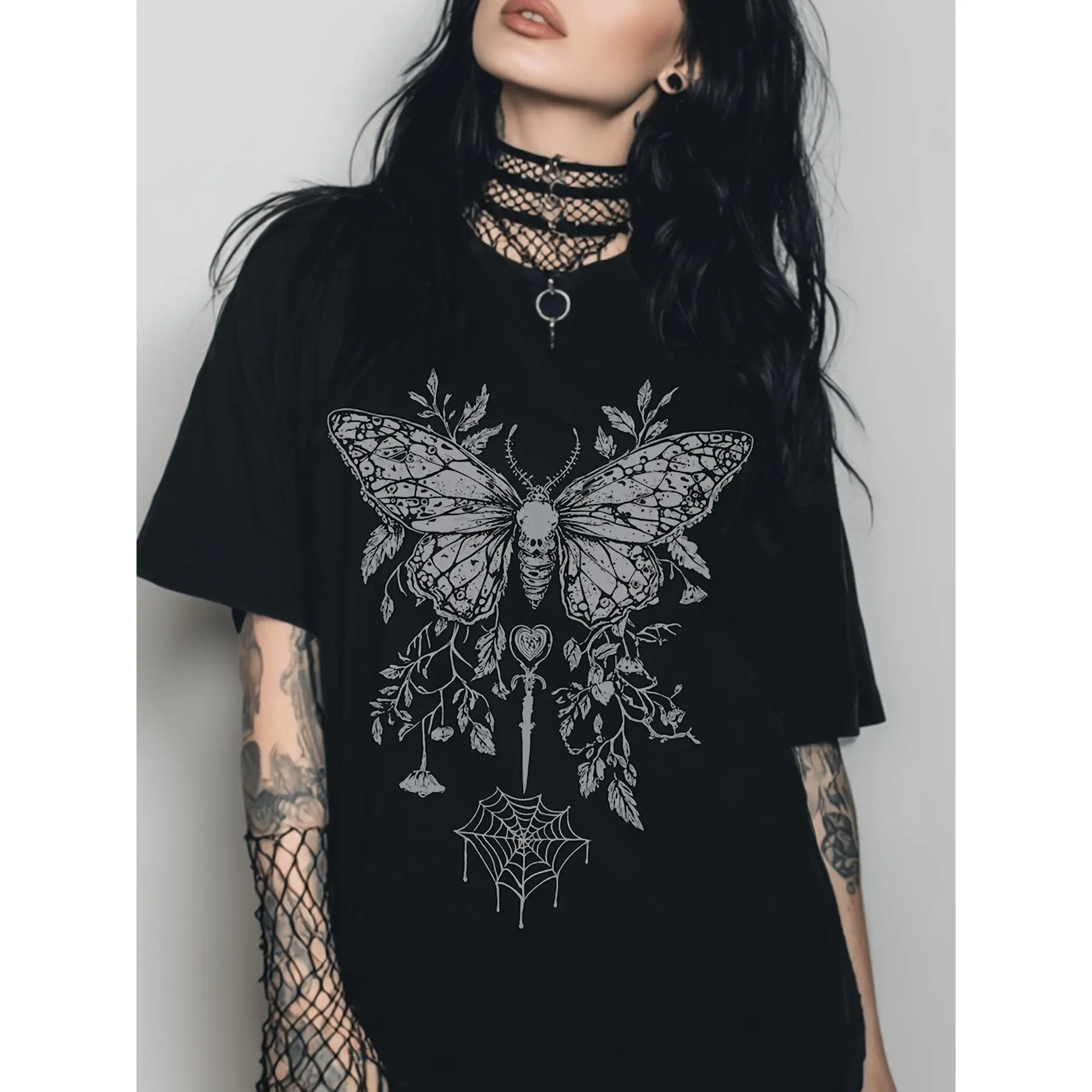 Women'S T-shirt Butterfly Blade Y2K Gothic Style Printed T shirt Floral Pattern Witch Style Shirt Fairy Grunge Dark Bohemian Top Emo Rock Alternative Clothing Gothic Style Gift for Women Cartoon Print Trendy Adu Loose casual du