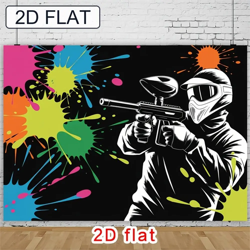 2D Flat, [party Banner] 2D Flat Banner, 1pc Dynamic Paintball Player with Colorful Splatter Background Backdrop, for Party Decor Home, Room, Farm, Garden, Club, No Electricity, Gift for Fourth of July, 2D Flat
