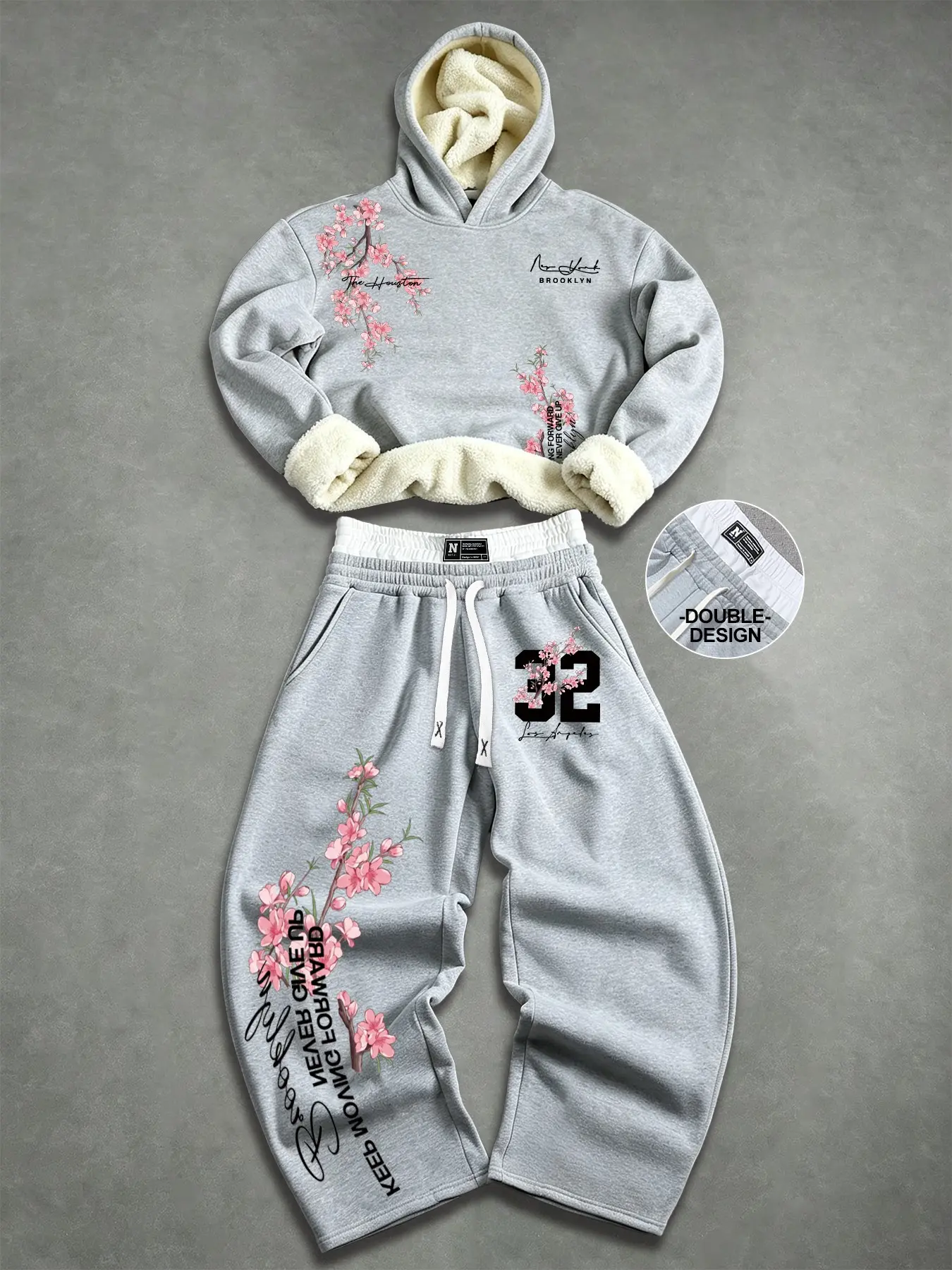 Cozy Winter Fleece Hooded Two Piece Sweatsuit Set Floral Print Double Waistband Baggy Lounge Tracksuit Comfy Street Style Matching Outfit