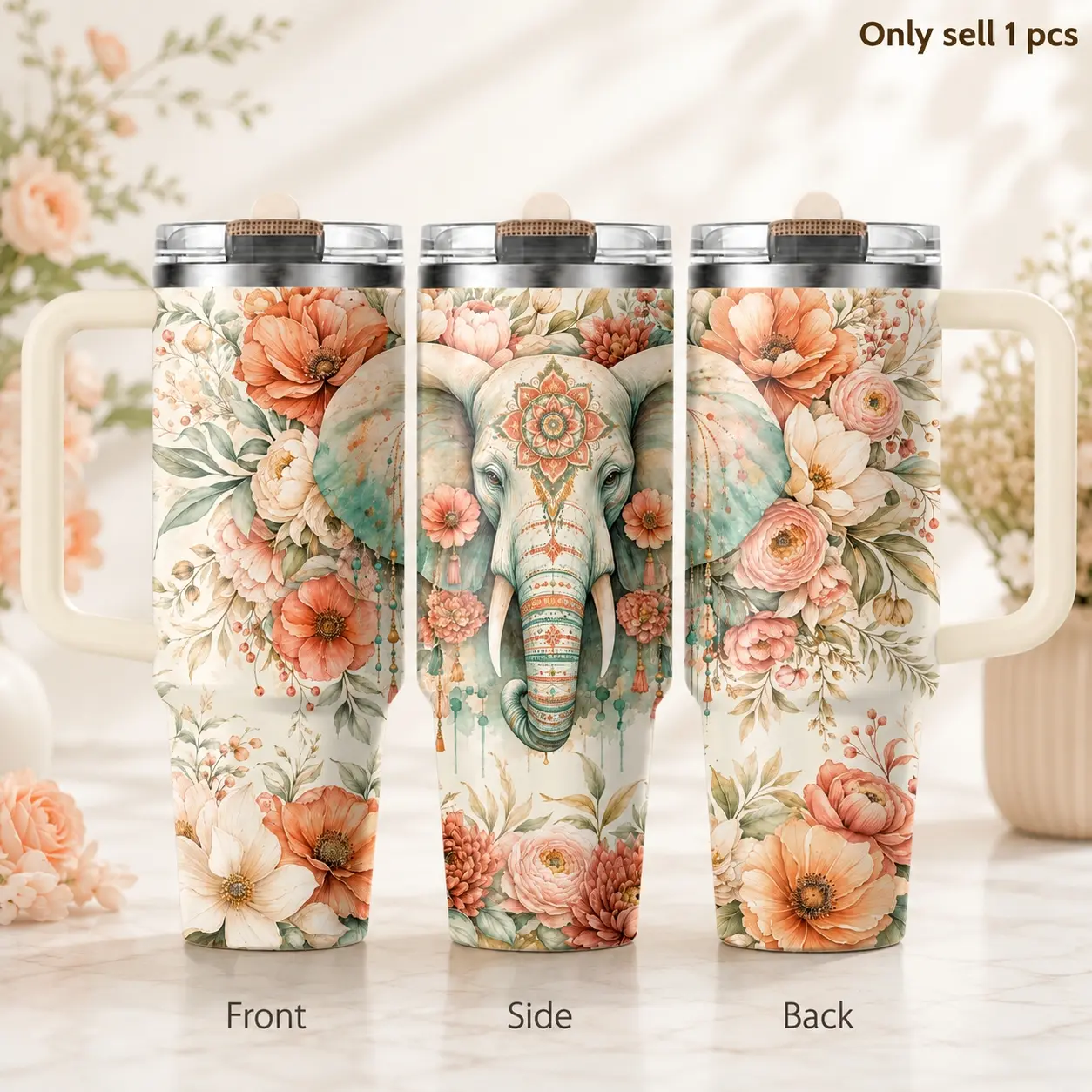Boho Elephant 40oz Tumbler – Tribal Nature Inspired Stainless Steel Insulated Cup with Handle & Straw Lid for Coffee, Water, Office, Gym, Car, Elephant Lover Gift Insulated Mug Tumbler