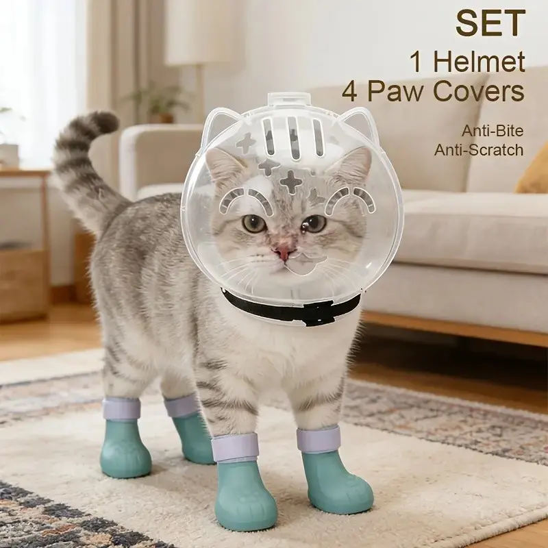 Cat Grooming Set: Transparent Cute Astronaut Bubble Helmet & 4 Silicone Claw Protectors, Safe Bathing, Nail Trimming, Vet Visits, Grooming Supplies for Kittens, Grooming Bundle
