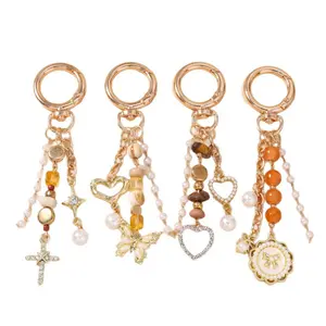 Butterfly Keychain Cross Charm Tassel O Ring Carabiner Heart Pendant Beaded Keychain Wristlet Aesthetic Ornaments 4 Pcs Set Gifts for Backpack Women