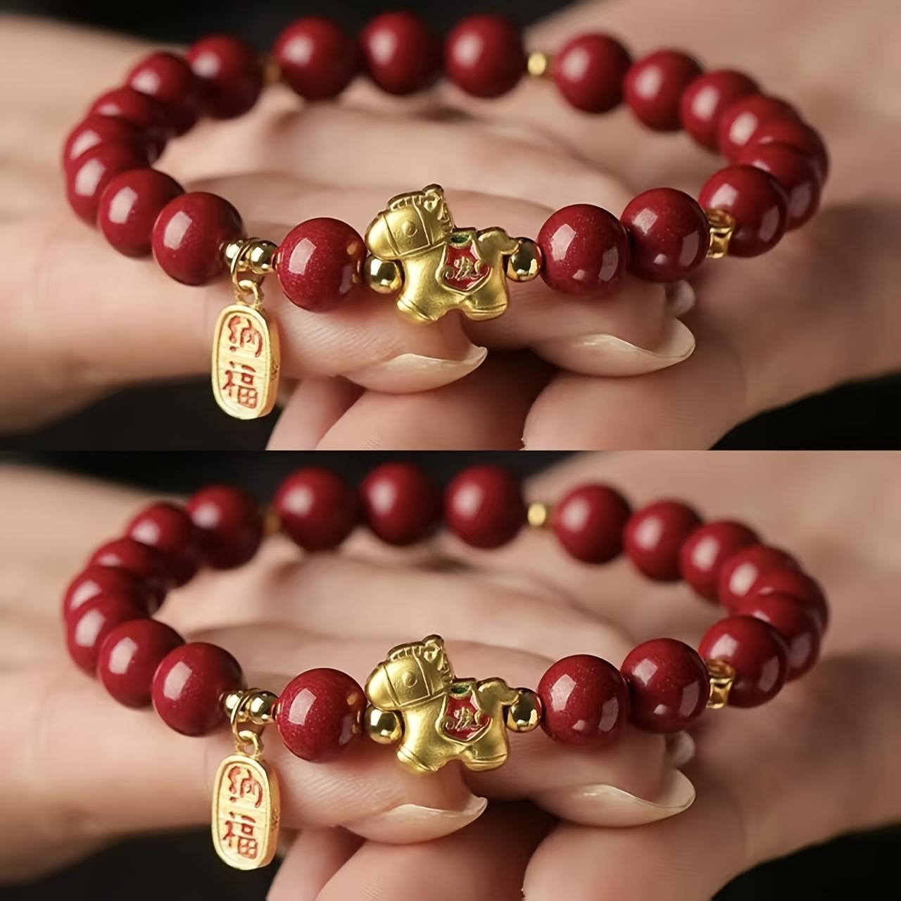 A Red Chinese-Style Lucky Bracelet Made of Cinnabar for The Year of The Horse 2026, Symbolizing Strength And Prosperity, Attracting Good And Wealth.It'S Suitable for Everyday Wear As Well As Festive Occasions