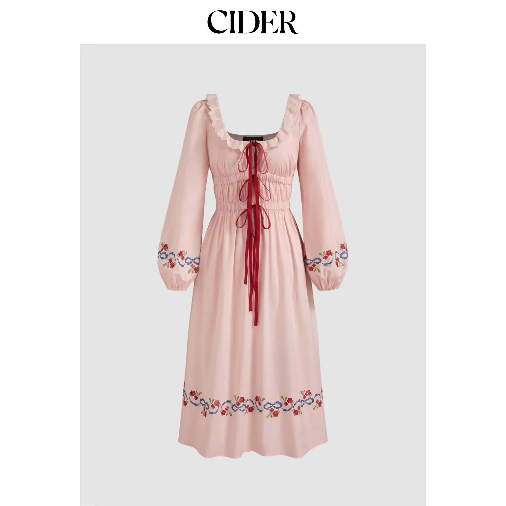 Cider [size 0-26] Scoop Neckline Embroidery Shirred Knotted Midi Dress SummerFinds