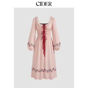 Cider [size 0-26] Scoop Neckline Embroidery Shirred Knotted Midi Dress SummerFinds