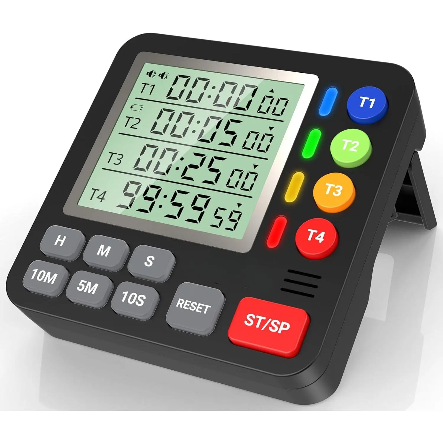 Black Plastic Body Digital Kitchen Timer - 4 Multi-Channel Count Up/Countdown Timer with Loud Alarm, Silent Mode, Large Screen Digital Display, Magnetic Back, Auto Memory, Included Batteries for Cooking/Classroom Use